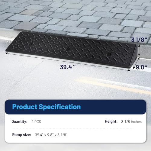 PZ 2PCS Rubber Curb Ramps for Driveway, 3 1/8" Rise Heavy Duty Car Ramp 6600 LBS Capacity 39.37"Lx 9.84"W Non-Slip Portable Shed Threshold Ramps for Doorways Sidewalk Scooters Wheelchairs Motorcycles