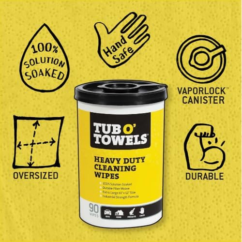 Tub O' Towels Heavy-Duty Multi-Surface Cleaning Wipes, 10" x 12", 90 Count Canister, Removes Grease, Grime, Tough Stains, Durable Disposable Wipes for Home, Garage, Outdoor Cleaning Tasks, 2-Pack