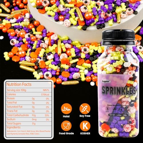 Halloween Sprinkles Mix, Sprinkles for Cake Decorating, Edible Halloween Candy, 180g/ 6.35oz, Cupcake Toppers, Cake Decorations, Ice Cream Toppings, Cookie Decoration(Orange Black Purple)
