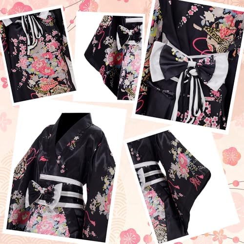 Kimonos for Women Japanese Style Satin Kimono Robe with Bow Belt Fan Hair Accessory and Tabi Socks