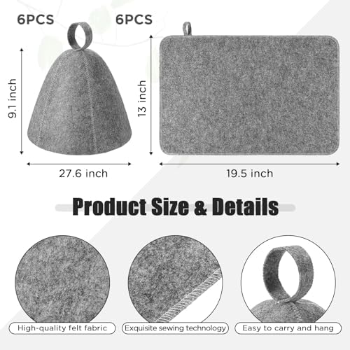 Jiuguva 12 Pcs Sauna Hat Natural Felt Sauna Cap for Men and Women Saunas Accessories Include Felt Hat & Banya Heat Floor Mat Head Insulation Vaporarium for Spa Bench Bath Shower Gift, Gray (19.5'')