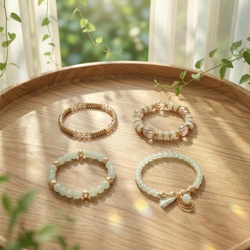 Bohemian Bracelet Sets for Women - 4-Pack Stackable Stretch Bead Bracelets with Black＆White Crystal & Gold Accessories, Multi-Layer Boho Jewelry for Holiday Gift