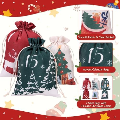 Naler 24PCS Christmas Drawstring Gift Bags, 24 PCS Christmas Advent Calendar Bags for Gift Wrapping, Gift Pouches for Xmas Presents Party Favor (Large, Small)