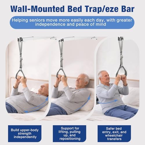 Huazu Trap/eze Bar for Bed Mobility, Wall-Mounted Bedside Pull-Up Assist with 5 Locking Angles, 200 lb Weight Capacity Support Handle for Bed Mobility, Sitting Up, Turning, HMBT-01