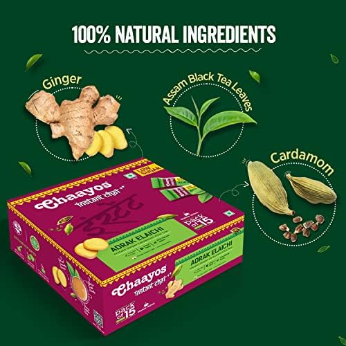 Chaayos - Instant Tea Premix - Low Sugar - Adrak Elaichi (15 Sachets)