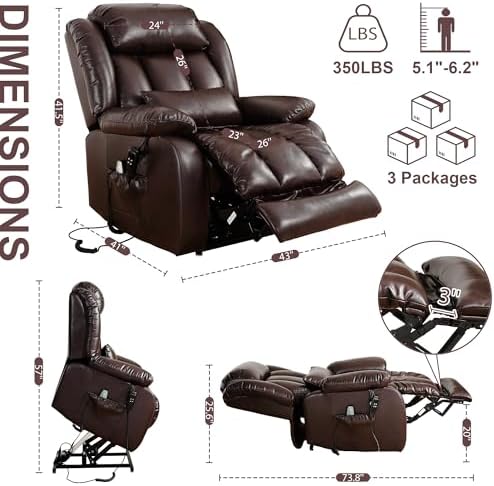 EDILLY XL Large Genuine Leather Lift Chair Recliner for Elderly, Dual Motor with Massage and Heating,with Double Lumbar Cushion and Extended Footrest,USB Port and Remote,Seat Width 26"(Brown)