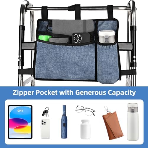 Dark Blue Walker Storage Bag with Cup Holder - Foldable Water Resistant Large Capacity Basket, Armrest Accessories for Folding Walkers Rollators Seniors Elderly Handicap