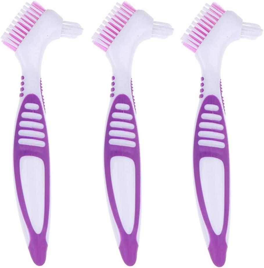 Angzhili 3 Pcs Denture Cleaning Brush,Portable Denture Brush Double Sided Brush for False Teeth Cleaning,Denture Care (Purple)