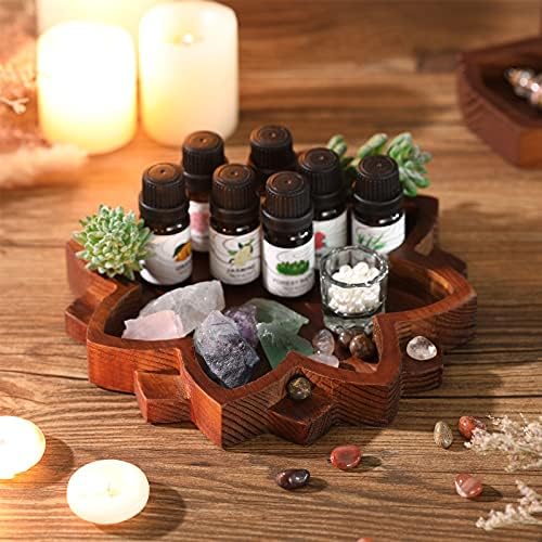 Lotus Crystal Tray for Healing Stones Wooden Crystal Holder Lotus Flower Mandala Stone Bowl Organizer Decorative for Gemstones Display Jewelry Storage Shelf Rock Decor, 7.9 x 7.9 Inch, Brown