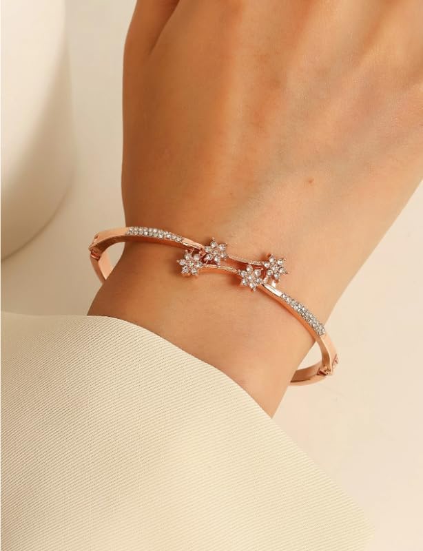 Rose Gold Flower Decor Bangle Women Personality Temperament Shiny Zircon Decorative Bracelets Female Fashion Casual Daily Wear Cuff Bracelets Jewelry Gift for Friends