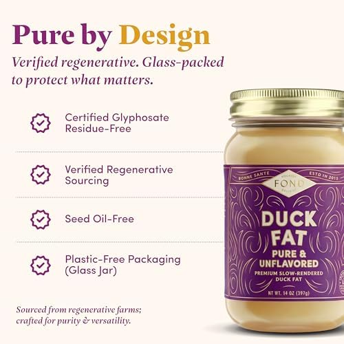 FOND Regenerative Pure Duck Fat for Cooking - 14oz Pure & Unflavored Rendered Duck Fat, High Smoke Point Oil for Searing, Roasting, Sautéing - Keto & Paleo Friendly, Neutral Buttery Flavor & Non-GMO