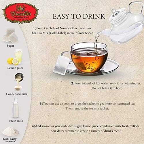 Number One Original ChaTraMue Thai Tea Mix for Boba, Hot, and Iced Tea (Gold Label 50 Tea Bags)