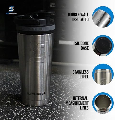 Ice Shaker Insulated Stainless Steel Shaker Bottle | 26oz, Stainless Steel | Cold for 30+ Hours | Insulated Cup with Twist-on Agitator | Odor-Free Bottle for Protein Shakes, Water, Cocktails