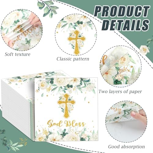 100Pcs God Bless Flower Napkins Baptism Paper Napkins White Floral Disposable Napkin First Holy Communion Party Decors for Mi Bautizo Christening Ceremony Newborn Religious Party Supplies
