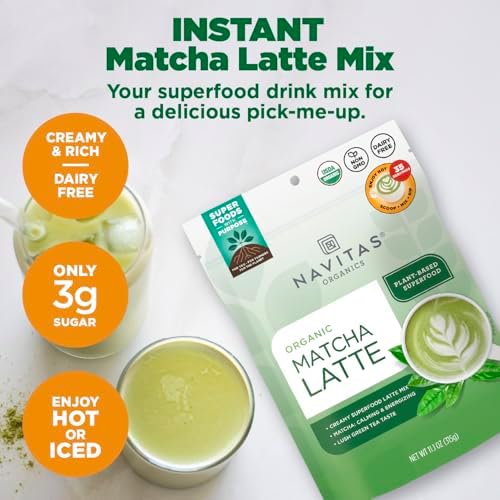 Navitas Organics Instant Matcha Latte Mix – Simple & Convenient Blend For Sweet & Creamy Latte – Mix With Water – Dairy Free & Low Sugar – USDA Organic, Non GMO, Gluten Free (11.1oz. Bag, 35 Servings)