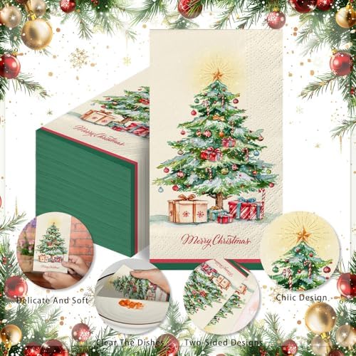 100 PCS Christmas Napkins Disposable | 3 Ply Paper Christmas Tree Napkins, Decorative Napkin for Bathroom Home Kitchen Dinner, Guest Paper Hand Towels for Xmas Winter Holiday Party Supplies