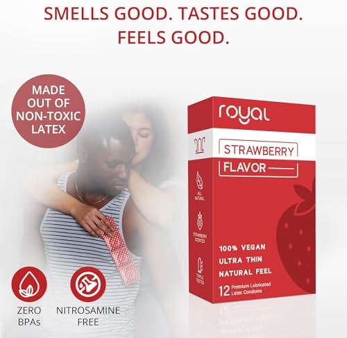 Royal Strawberry Flavored Tailored Fit Ultra-Thin Natural Latex Condoms - Premium Lubricated - Strong, Non-Toxic Latex - Organic, Vegan, Slim, Snug Fit - Safe & Durable Male Contraceptives – 12 Count