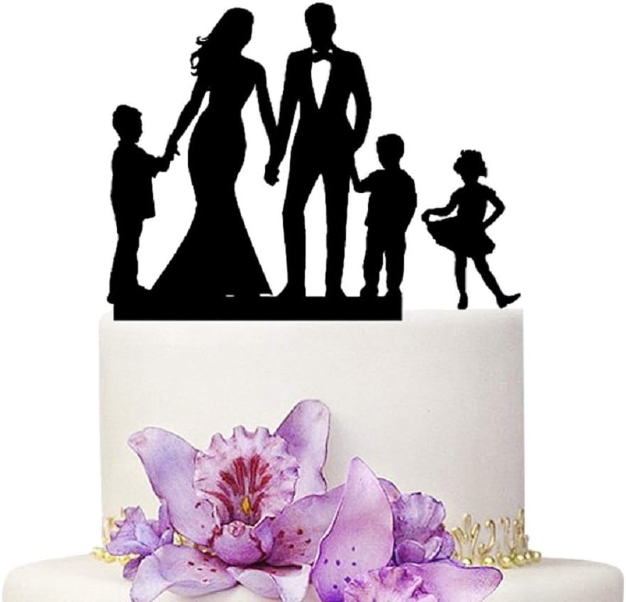Wedding Cake Topper - Mom and Dad With 3 Children Family Anniversary Cake Topper