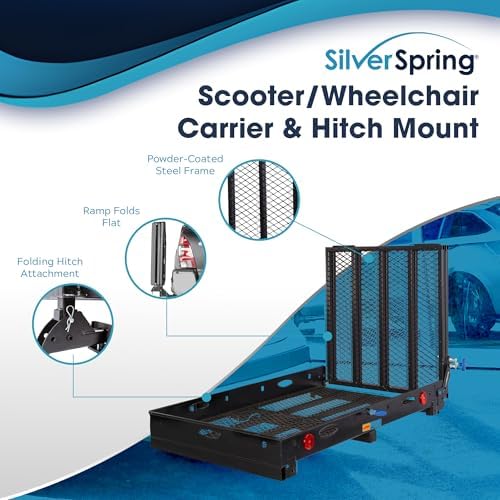 Silver Spring Folding Steel Wheelchair Carrier with Ramp & Hitch Mount, 48" x 27.75", Black - Heavy-Duty and Foldable Mobility Carrier for Scooter Vehicles and Wheelchairs