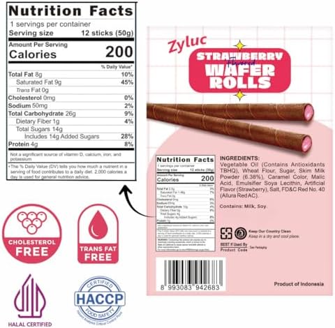 Zyluc Strawberry Wafer Rolls – Crispy Cream-Filled Cookies, Sweet Strawberry-Flavored Snack, 200 Calorie Portion Pack, No Cholesterol, Zero Trans Fat, Premium Treat – 12 Rolls Per Pack – (50g x 5 Boxes)
