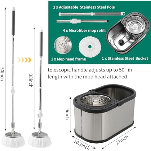Stainless Steel Spin Mop and Bucket with Wringer Set, 360° Spinning Mop Bucket Floor Cleaning System with 4 Microfiber Mop Replacement Heads