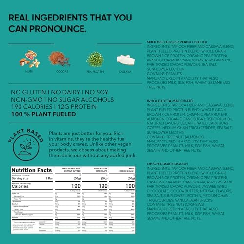 TRUBAR Vegan Protein Bar Variety Pack, Assorted Flavors, Peanut Butter, Macchiato, Cookie Dough, Gluten Free, Vegan Protein Snacks, 12G Plant-Based Protein, High Fiber, Healthy Protein Bars, 12 CT