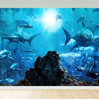 7x5ft Fabric Shark Theme Backdrop Deep-sea Ocean Shark Reef Aquarium Photography Background Birthday Theme Party Decoration Banner Kid Diver Portrait Photo Studio Props