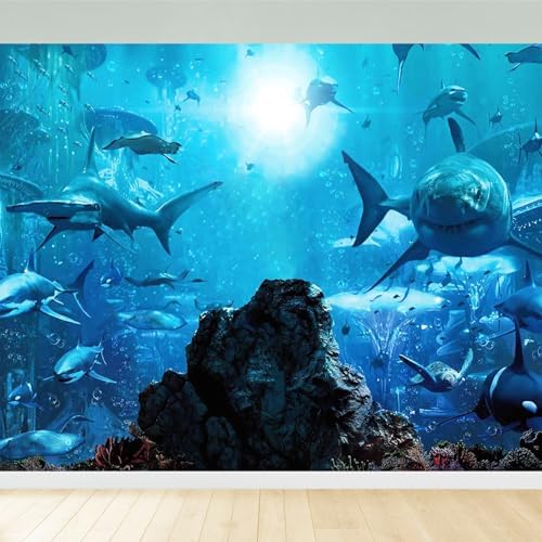 7x5ft Fabric Shark Theme Backdrop Deep-sea Ocean Shark Reef Aquarium Photography Background Birthday Theme Party Decoration Banner Kid Diver Portrait Photo Studio Props