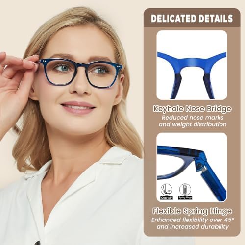 JiSoo Reading Glasses Women 2.0 Stylish Designer Readers 2.0, Womens Reading Glasses 2.0+ with Spring Hinge, Blue