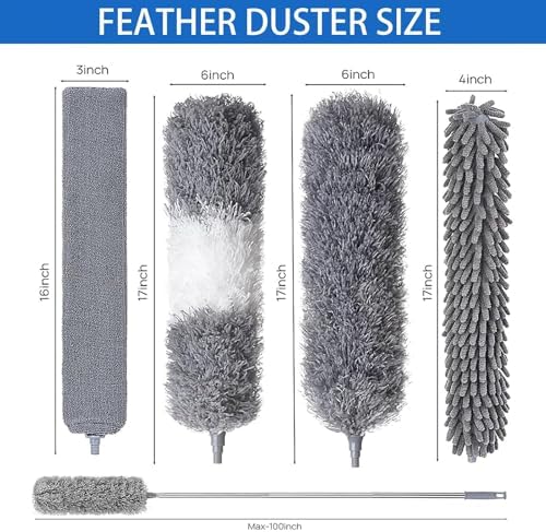 Dusters for Cleaning - 9Pcs Feather Duster Extendable Pole Up to 100'', Microfibre Feather Duster Bendable Washable Long Duster for Cleaning Ceiling Chandelier High Ceiling Furniture