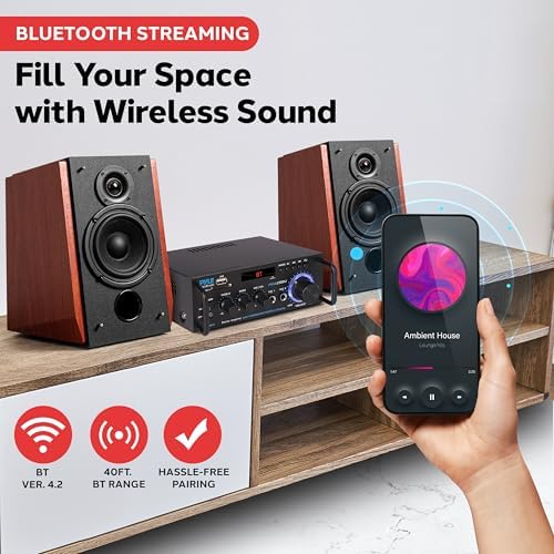 Pyle 200W Stereo Power Amplifier with Bluetooth - Dual Channel Audio Receiver - LED Display - RCA - USB - SD - MIC IN - FM Radio - AUX Input - Perfect for Home & Computer Audio - PDA29BU.5