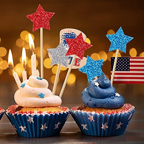 36 Pieces Glitter Star 4th of July Cupcake Toppers Glitter Gold Star Cakes Toppers for Independence Day 4th of July Party Supplies Favors(Blue Red White)