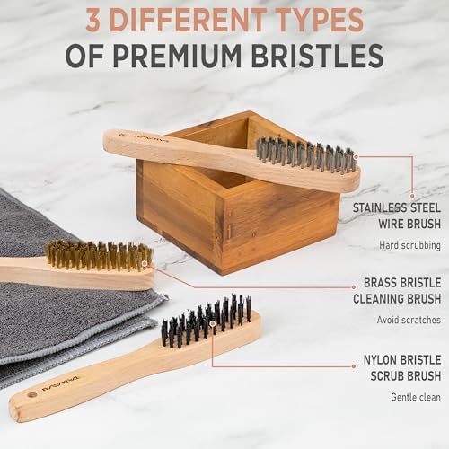 TAKAVU 3pc Small Wire Brush Set (Wood Handle) - Stainless Steel, Brass & Nylon Bristles for Cleaning Rust, Paint, Dirt & Heavy Duty Scrubbing