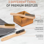 TAKAVU 3pc Small Wire Brush Set (Wood Handle) - Stainless Steel, Brass & Nylon Bristles for Cleaning Rust, Paint, Dirt & Heavy Duty Scrubbing