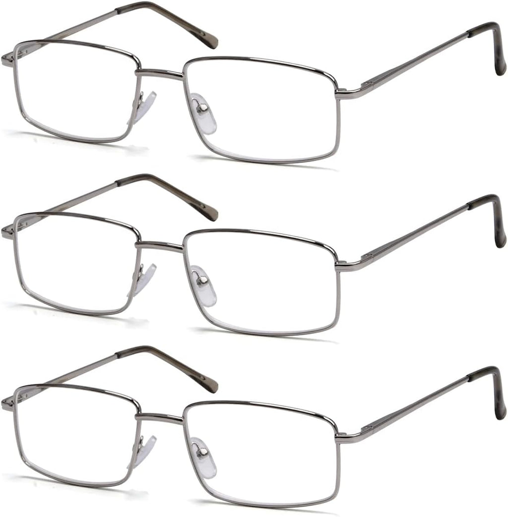 Eyekepper 3-Pack Readers Rectangular Spring Temple Large Metal Reading Glasses Men Silver +1.25