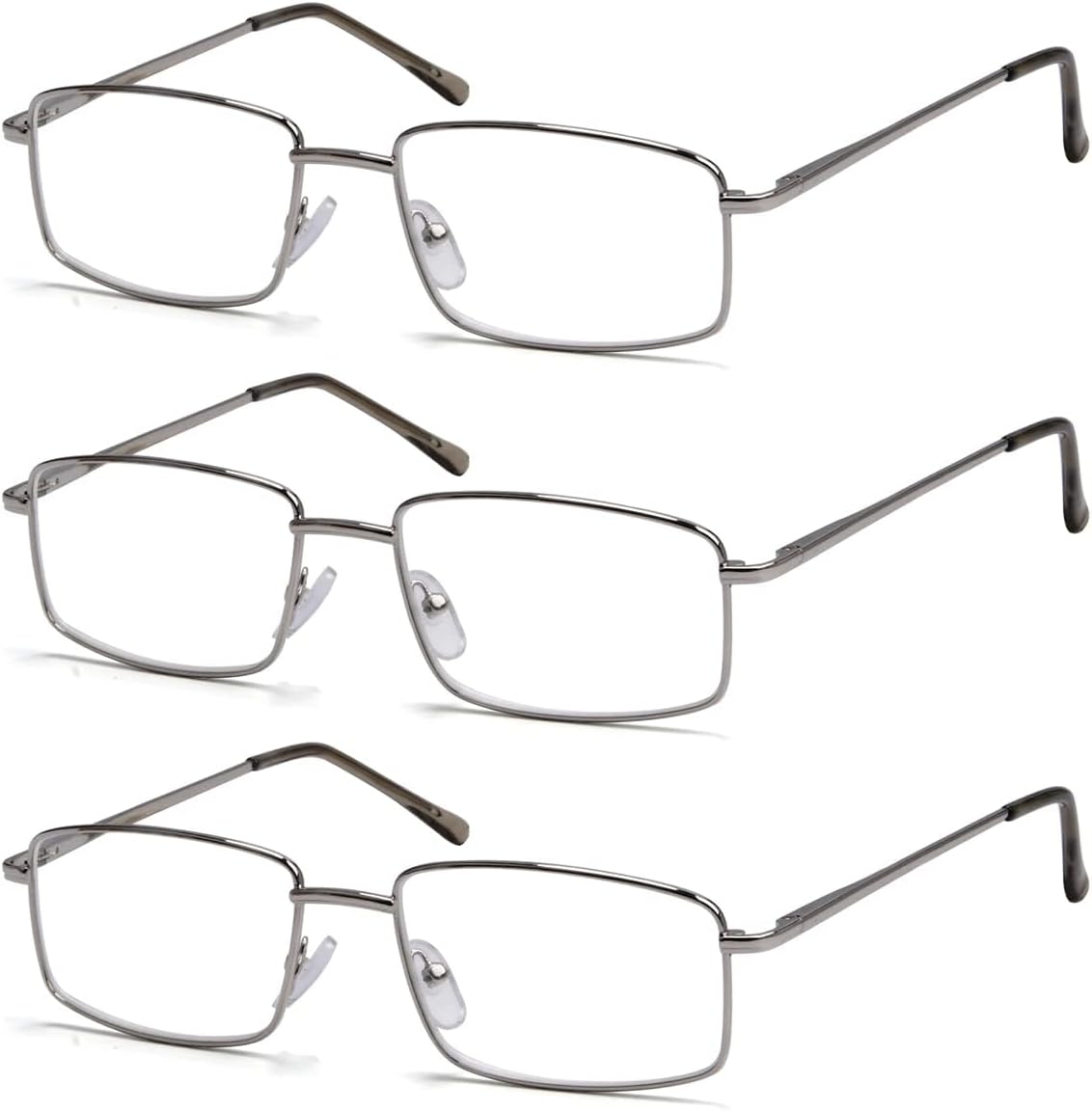 Eyekepper 3-Pack Readers Rectangular Spring Temple Large Metal Reading Glasses Men Silver +0.75
