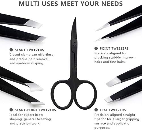 Tweezers Set 5-Piece - Professional Stainless Steel Tweezers with Curved Scissors, Best Precision Tweezer for Eyebrows, Splinter & Ingrown Hair Removal with Leather Travel Case (Black)