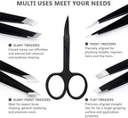 Tweezers Set 5-Piece - Professional Stainless Steel Tweezers with Curved Scissors, Best Precision Tweezer for Eyebrows, Splinter & Ingrown Hair Removal with Leather Travel Case (Black)