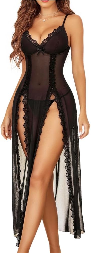 DITSONEO Ladies' Underwear, See-Through Baby Dress, Sexy Exotic Lace Shoulder Strap V-neck Pajamas, Side-Opening Pajamas