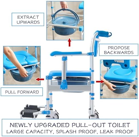 Shower Chair with Wheels Folding Armrests Can Be Upturned Rolling Shower Wheelchair Bedside Commode Chair Toilet with Detachable Bucket for Seniors and Disabled, Weight Capacity 330lbs (Blue)