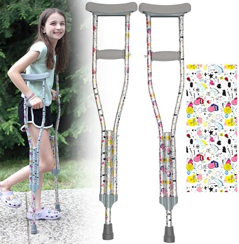 SCS Direct My Crutches - Youth Junior for Kids with Adjustable Handgrip and Length! Children 3'9" to 4'5" Made of Lightweight, Durable Aluminum with Underarm Padding Doodle Pattern
