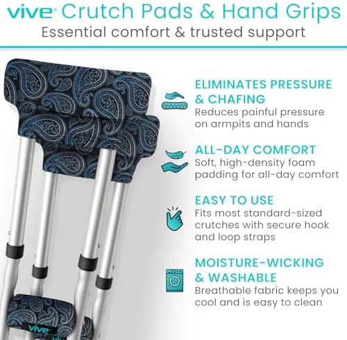 Vive Crutch Pads & Hand Grips - Padding for Walking Arm Crutches - Universal Underarm Padded Forearm Handle Pillow Covers for Hand Grips - Soft Foam Armpit Accessories for Adults, Kids (Paisley)