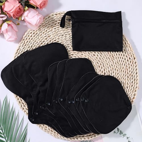 Black Snaps Soft Adjustable Snaps Cloth Reusable Menstrual Pads - Reusable Sanitary Pads | Reusable Panty Liners | -9 pcs Three Size Cloth Sanitary Pad with 1 Bag(3331纯黑)