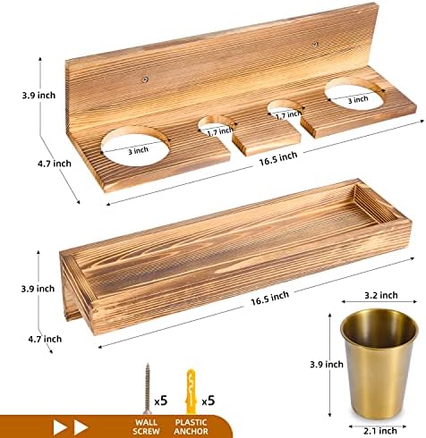 UPTRUST Wall Mount Hair Tool Organizer, Set of 2 Layer Rustic Wooden Dryer Holder Rack, Product Organizer Tray for Dryer with 4 Hooks