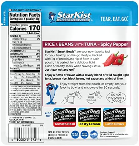 StarKist Smart Bowls Spicy Pepper, 4.5 oz Pouch (Pack of 12) – Features Rice & Beans with Wild Caught Light Tuna