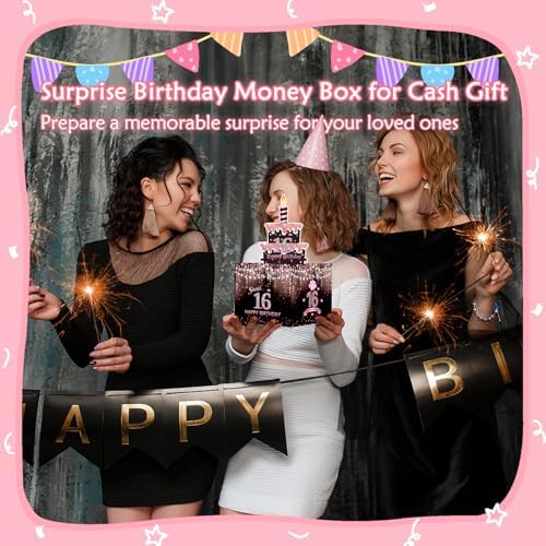 Sweet 16th Birthday Money Box for Cash Gift, Surprise Pull Out Money Gift Box with 50Pcs Transparent Bags - Fun Ways to Give Cash as A 16th Birthday Gift for Girls
