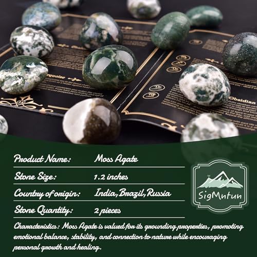 Super Large Polished Moss Agate Healing Crystal Stones - 2 Pcs of 1.2" Worry Stone for Anxiety, Pocket Palm Gemstones Handpicked Natural Tumbled Rocks for Meditation, Reiki, Chakra, Home Decor