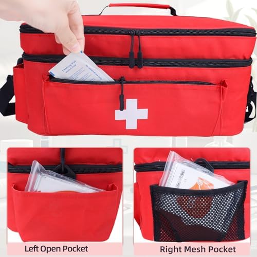 ALSLEA First Aid Bag Empty Large 2 Layer Medical Bag with Shoulder Strap 16”x 9½” x 7” Medicine Organizer Box Travel First Aid kit Emergency Supplies Storage Bag for Car, Home, Office, Outdoor (Red)