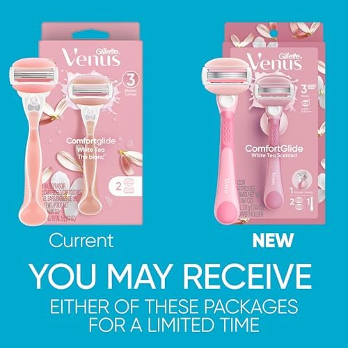 Gillette Venus ComfortGlide Razor for Women, White Tea Scented Gel Bars, Includes 1 Reusable Razor Handle + 2 3-Bladed Razor Refills, Women's Razor with Built-in Shave Gel Bars