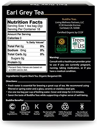 Buddha Teas - Organic Earl Grey Tea - Traditional Black Tea - For Health & Wellbeing - With Antioxidants & Minerals - Clean Ingredients - With Caffeine - OU Kosher & Non-GMO - 18 Tea Bags (Pack of 1)